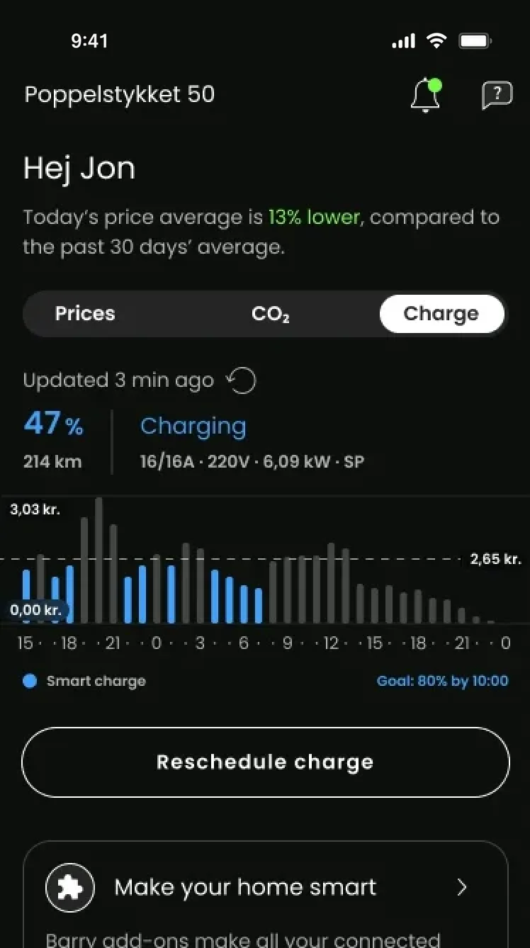 Barry app showing a car charging, with prices for the coming hours