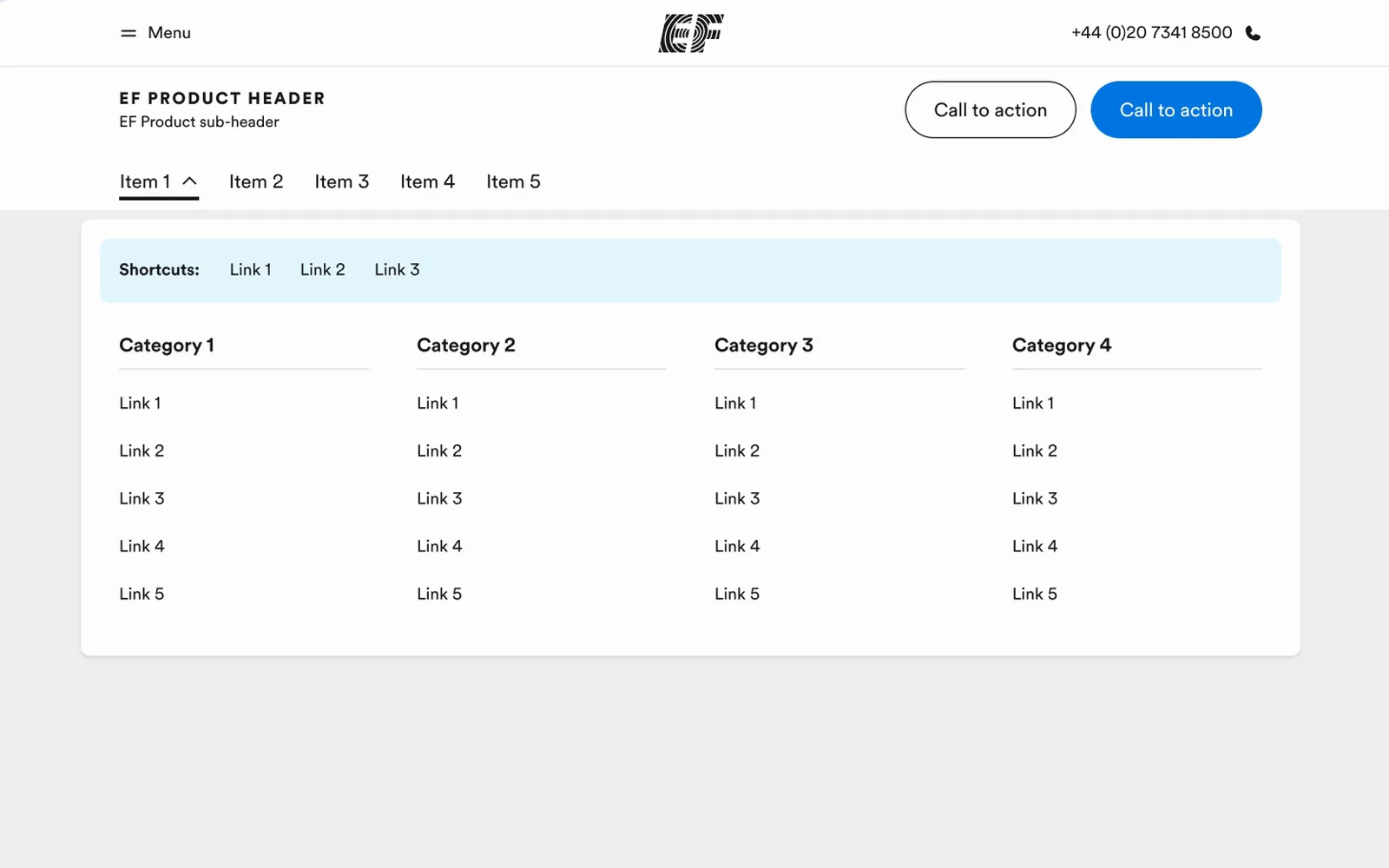 EF product header with an open menu of link categories