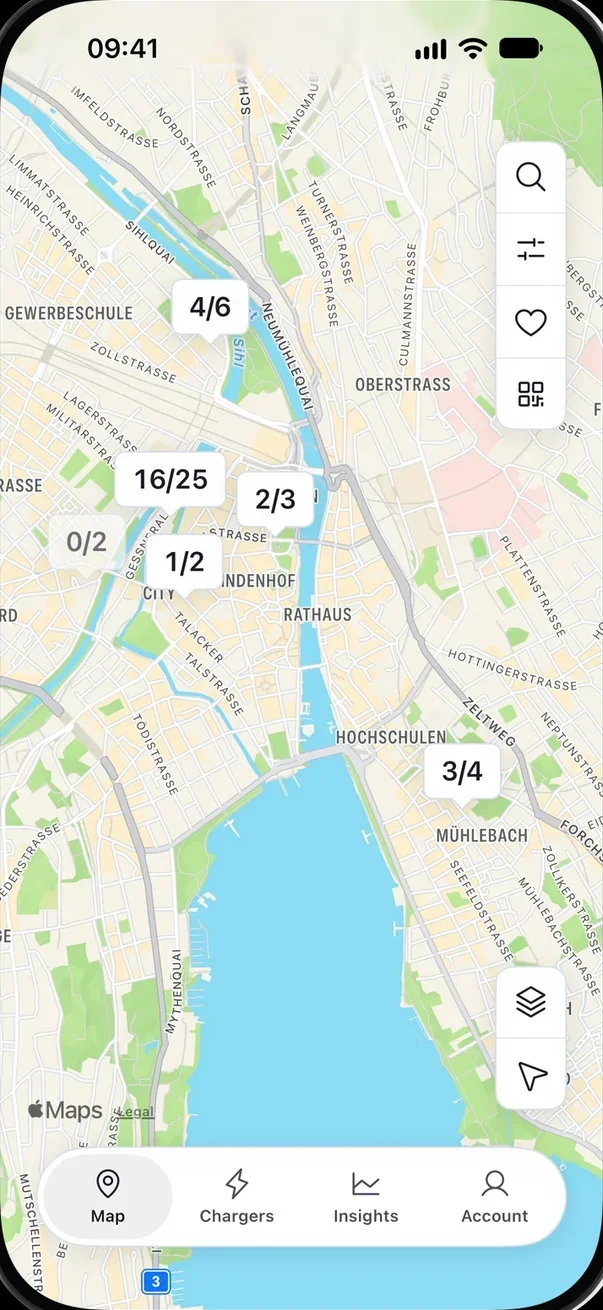Electromaps map of Zürich with charger availability counts