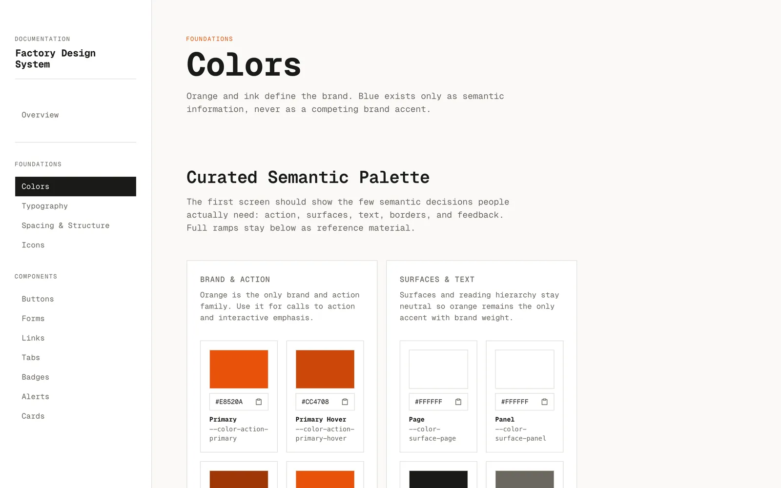 Factory Design System colors page with orange brand swatches