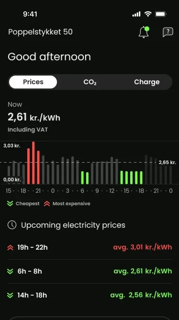 Barry app home screen with the current electricity price and upcoming hours