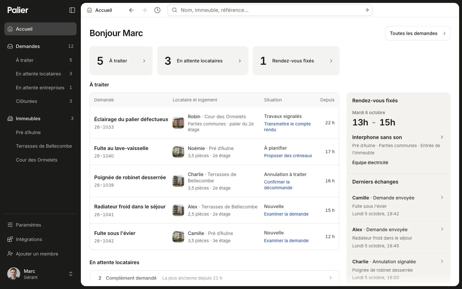 Palier dashboard with requests to handle, waiting counts and an upcoming appointment