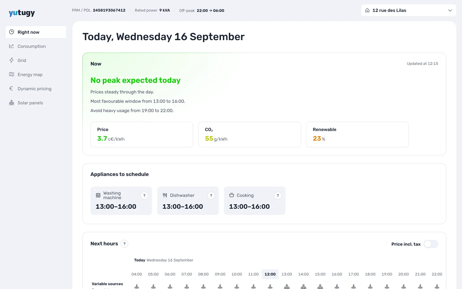 Yutugy Right now page with today’s price, CO₂ and renewable share