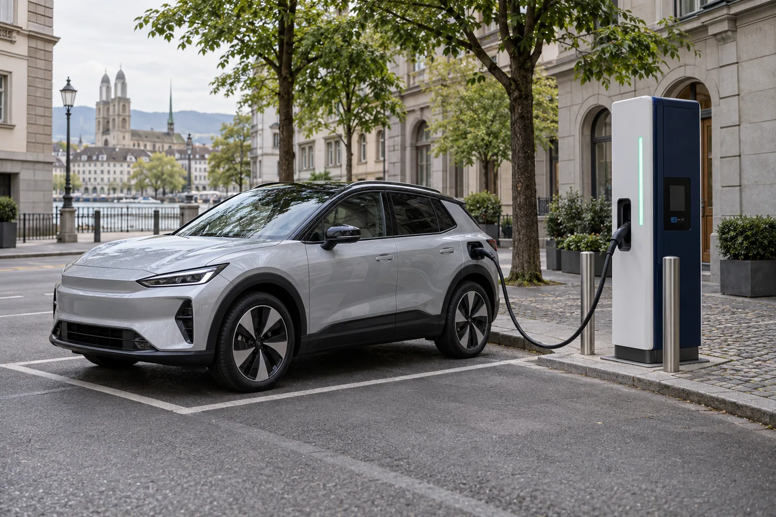 Generated concept imagery of a silver electric car connected to a charger on a Zürich-style street