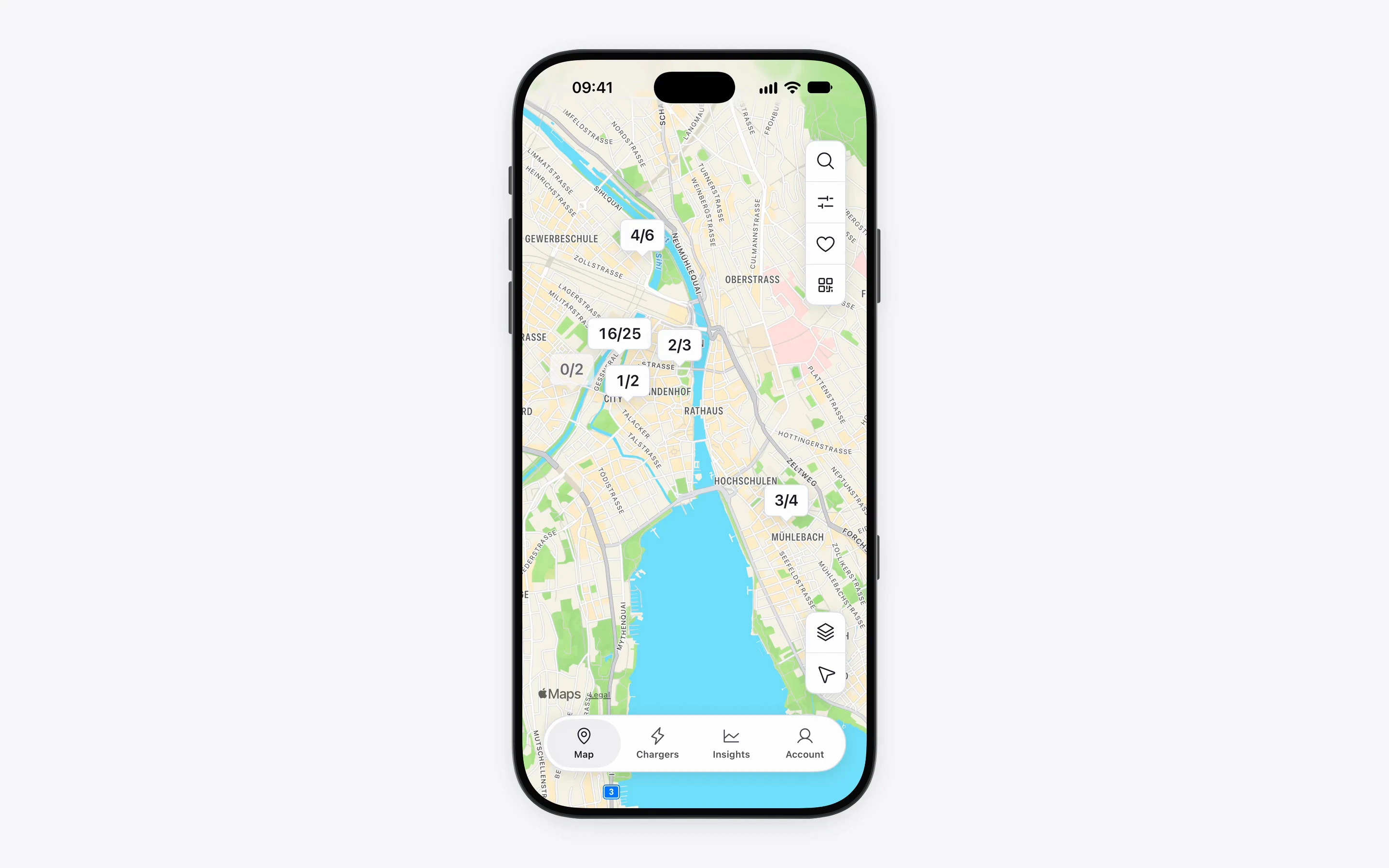 Electromaps native iOS app concept showing the charger discovery map