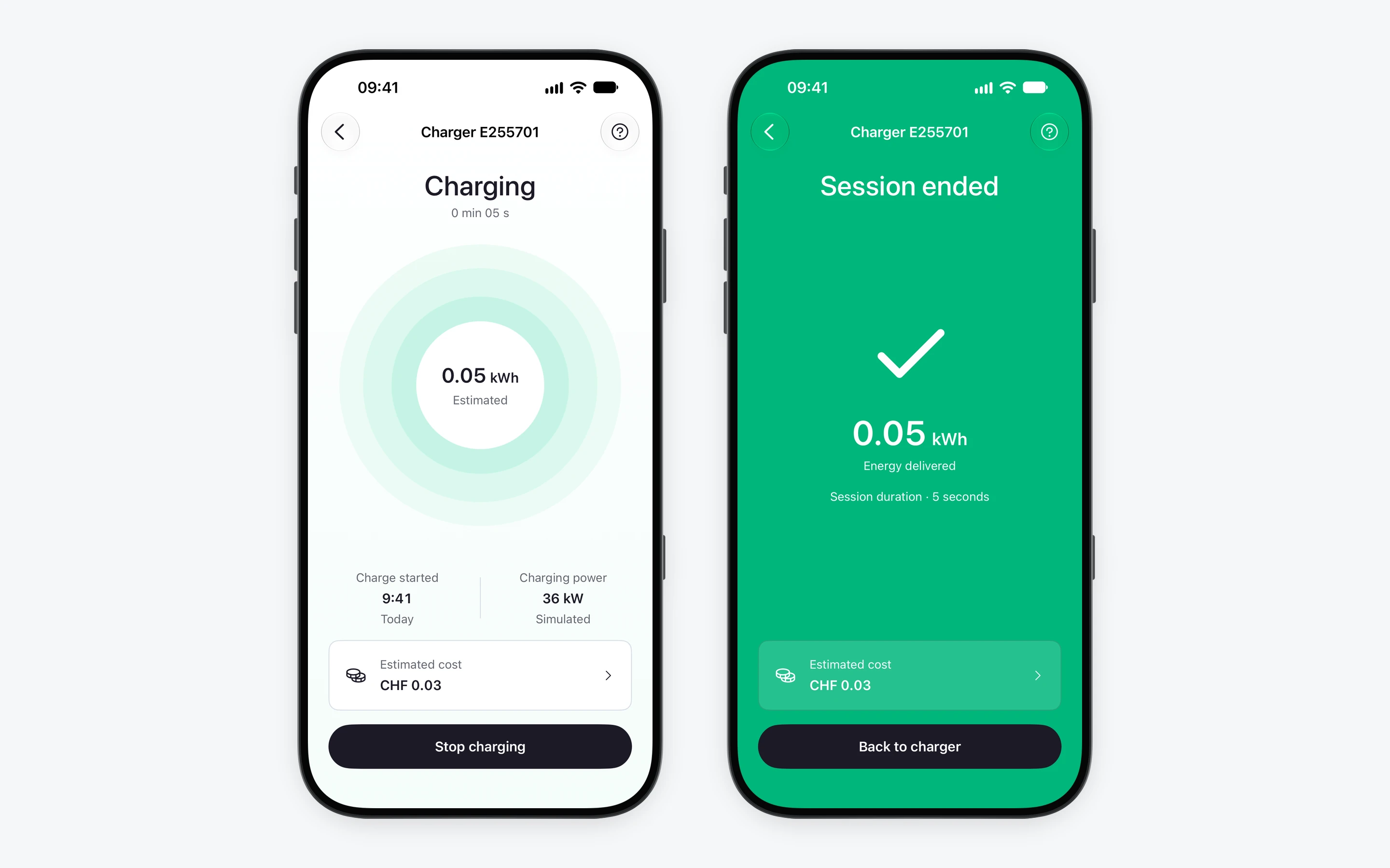 Electromaps: active charging and the completed session summary on a green screen
