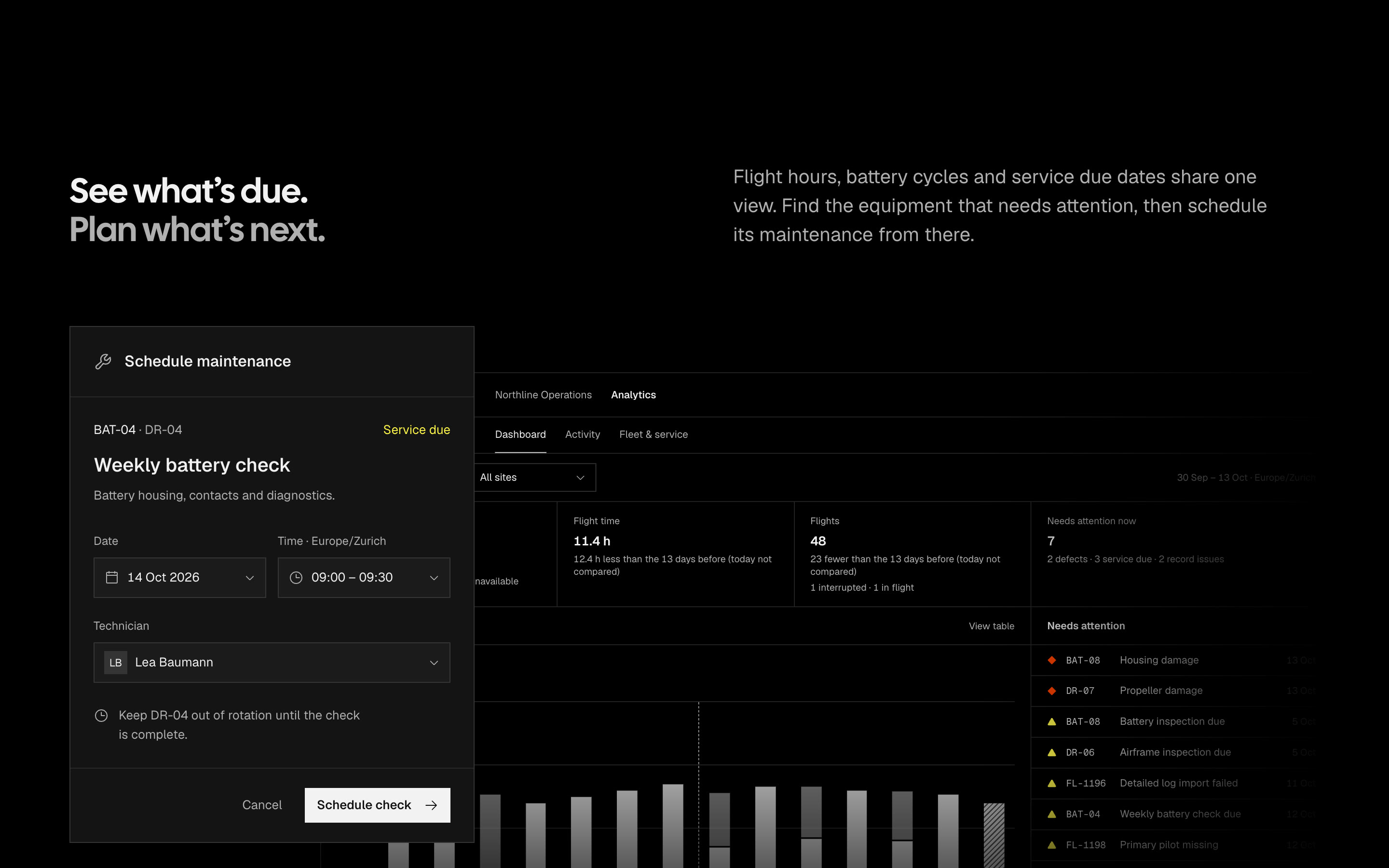 A section of the landing page: See what’s due, plan what’s next, with a maintenance form over the fleet dashboard