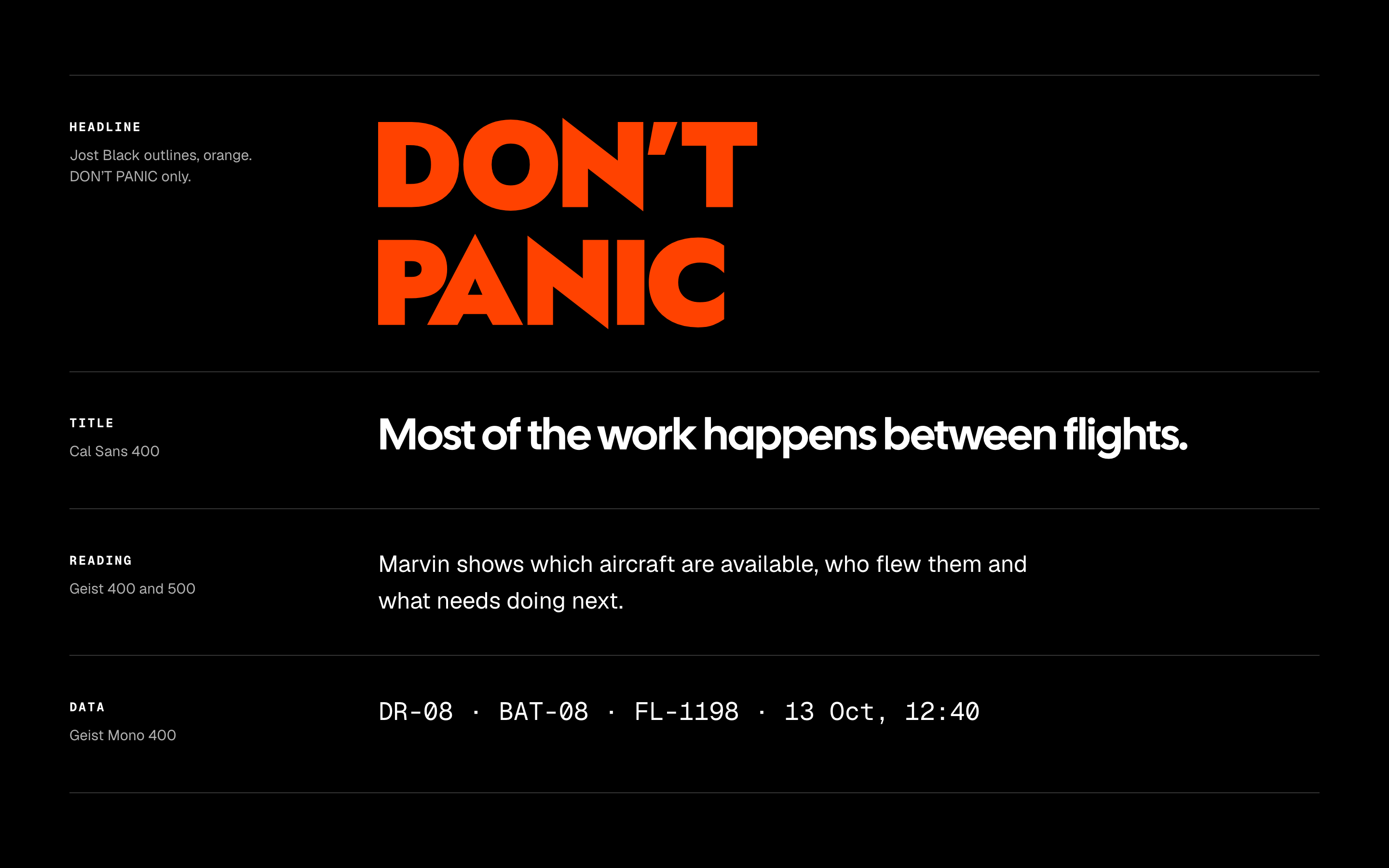 Type specimens, each labeled with its face and job: DON’T PANIC in orange Jost Black, a title in Cal Sans, a reading line in Geist and aircraft, battery and flight numbers in Geist Mono