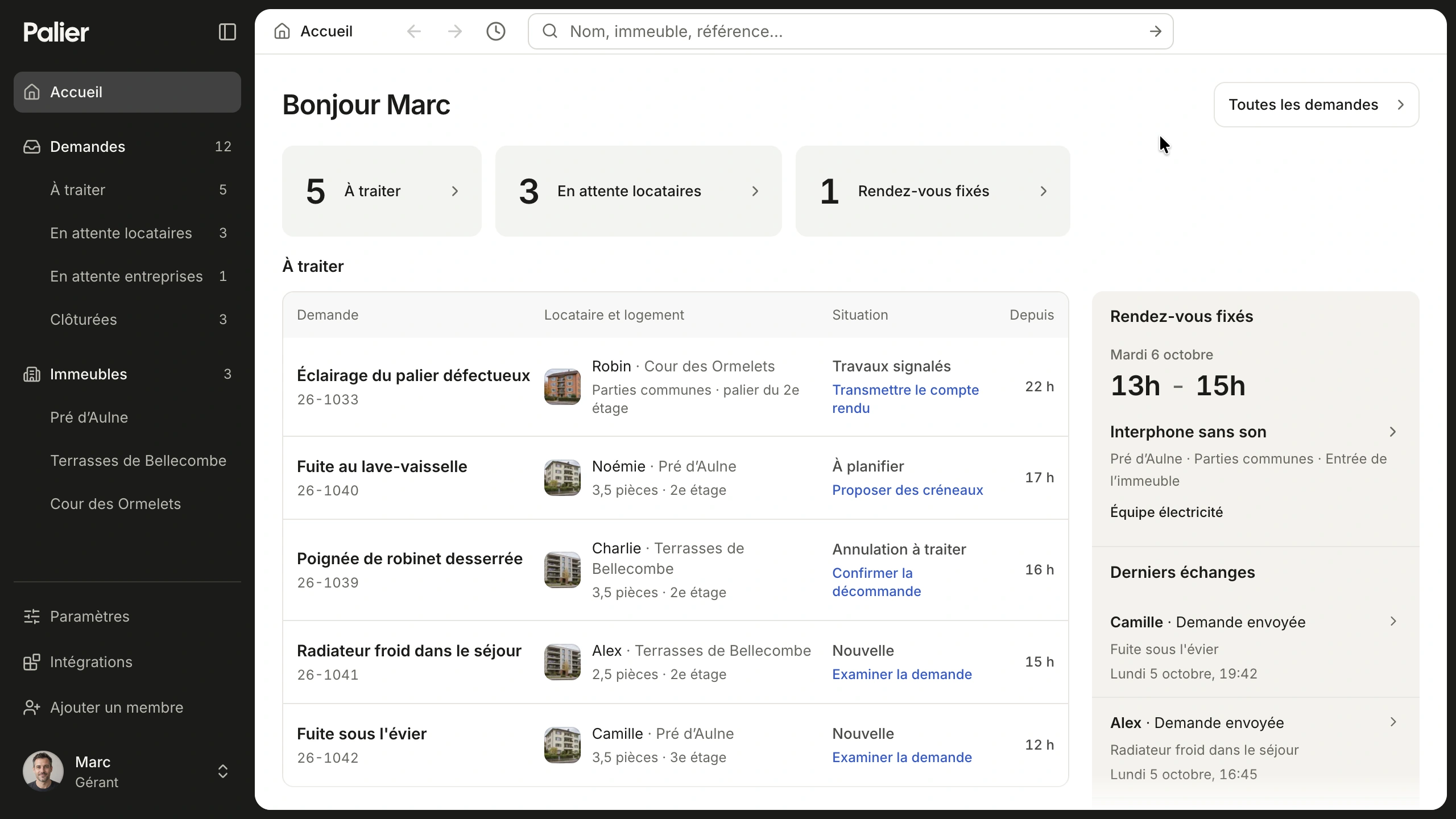 Palier dashboard with five requests to handle, three awaiting tenants and one scheduled appointment
