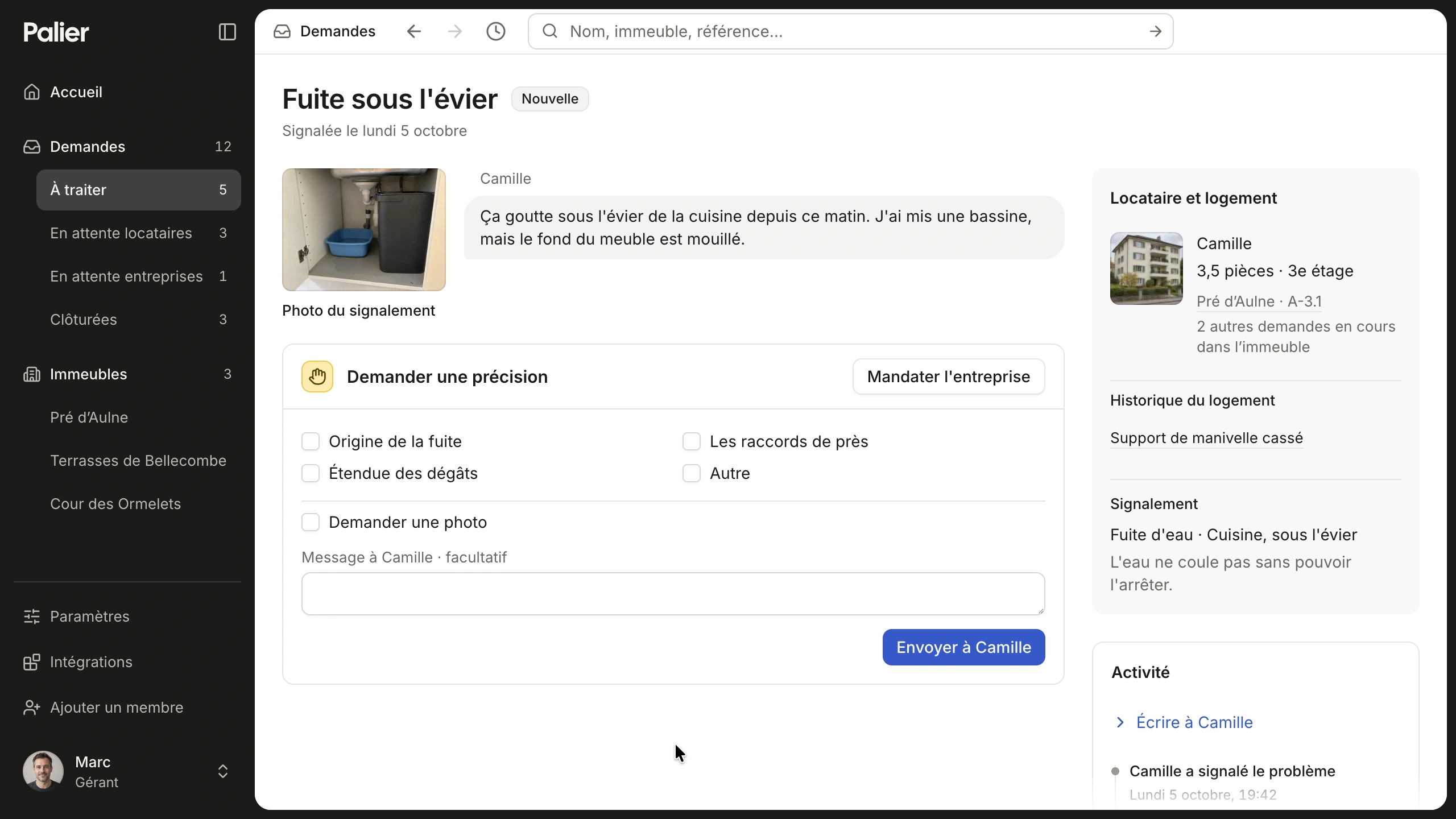 Kitchen leak request with Camille’s photo and message above controls for requesting more information